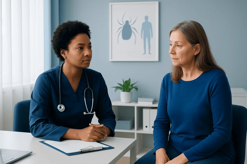 Doctor consulting with a patient about tick bites and health concerns.