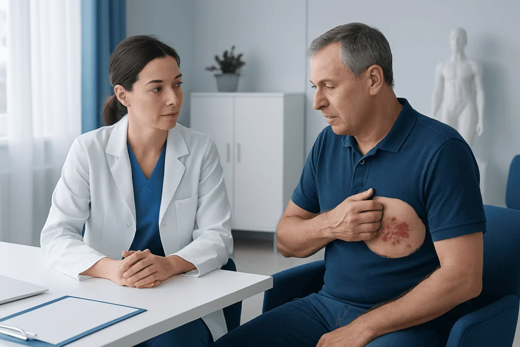 Doctor consulting with patient showing shingles rash on chest.
