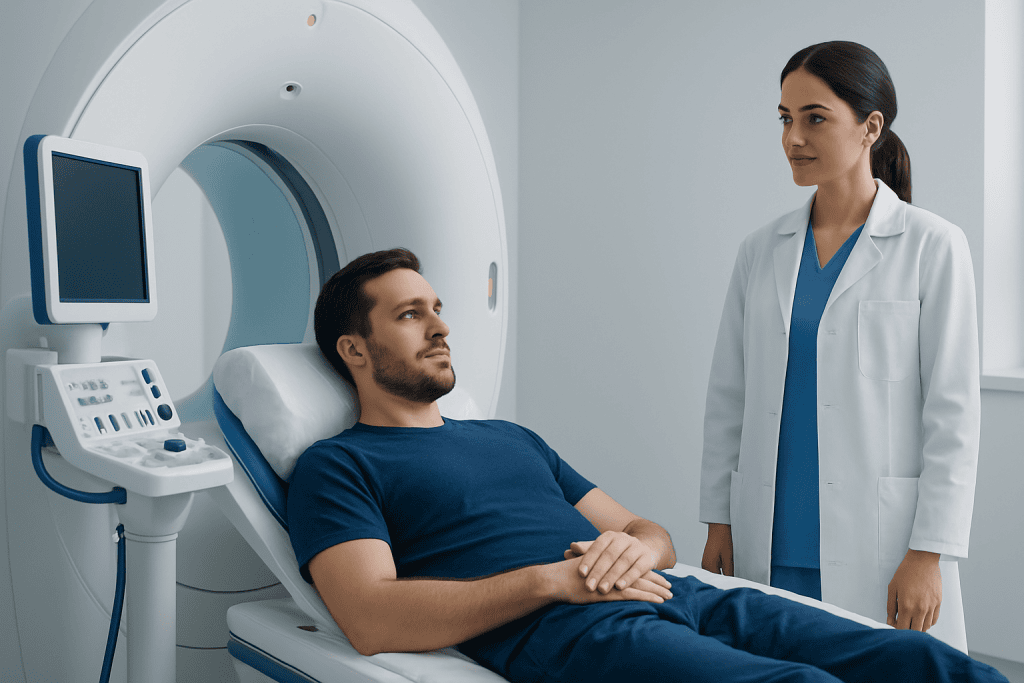 Patient undergoing MRI scan at Acibadem Hospital for medical diagnosis.