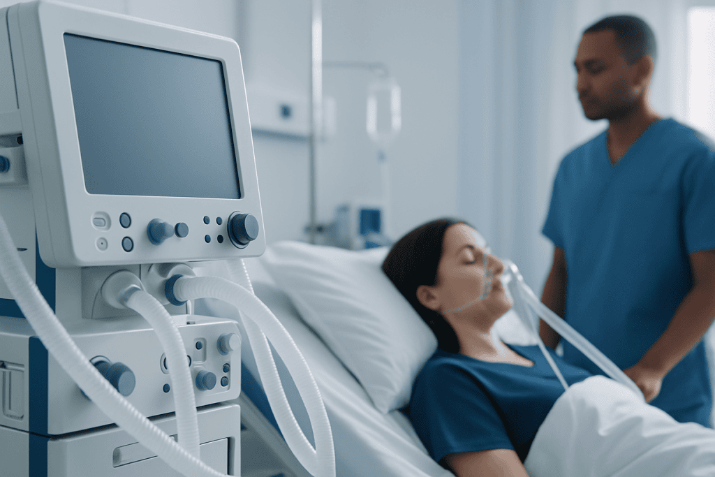 Patient in hospital bed connected to ventilator with medical staff nearby.