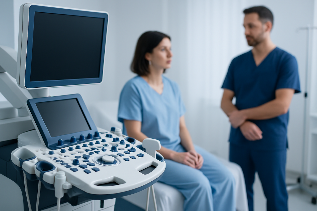 Medical consultation with ultrasound equipment at a hospital.