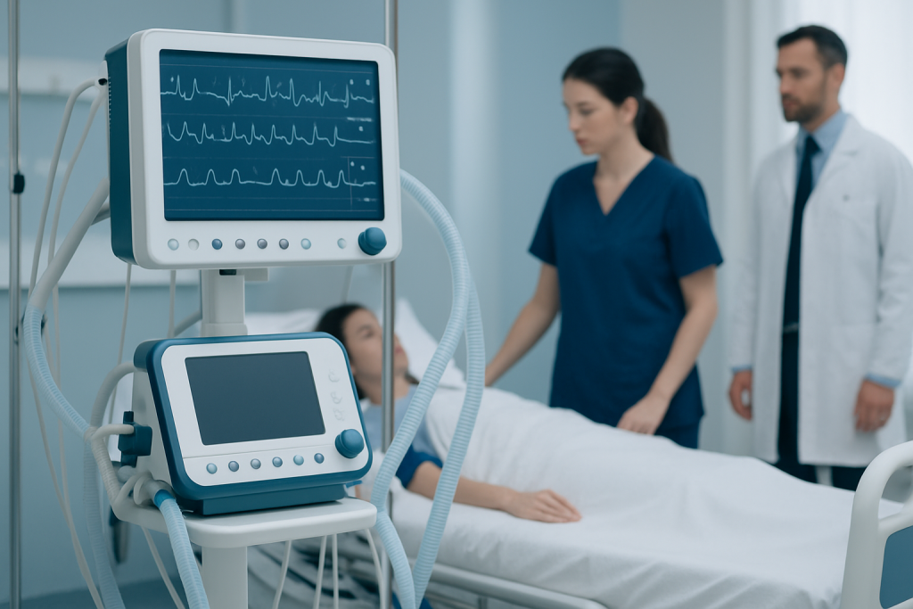 Hospital room with patient monitor and medical staff attending patient.