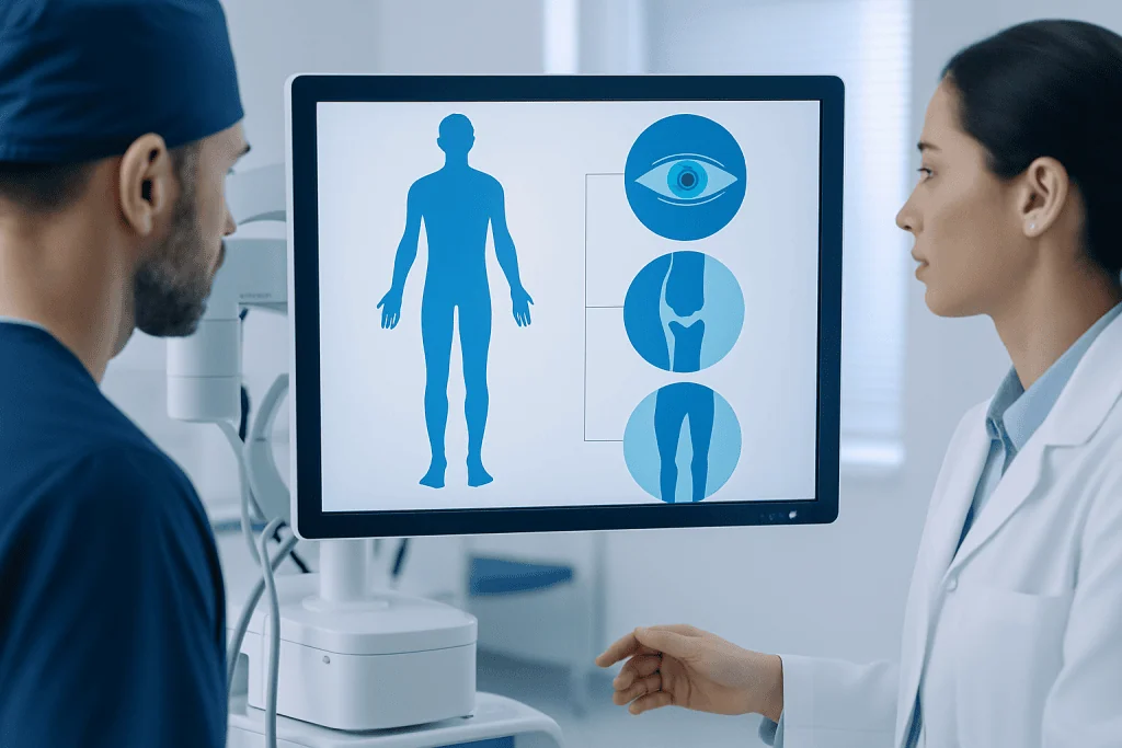 Medical professionals analyzing human anatomy on a digital screen in a clinical setting.