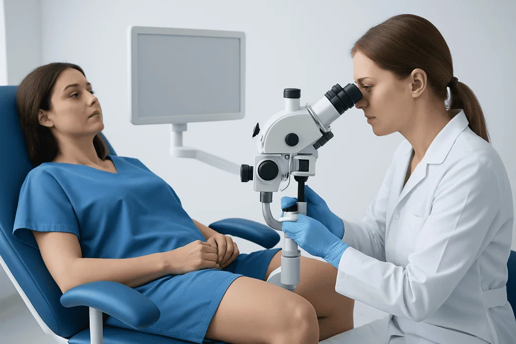 Gynecologist examining patient with microscope in a medical clinic.