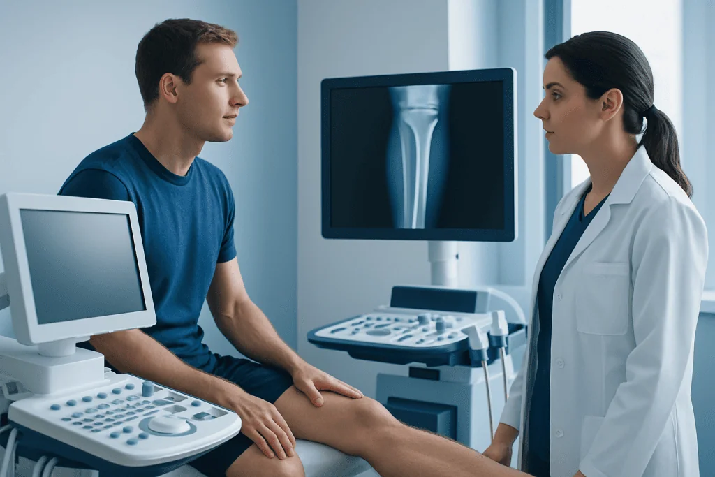 Doctor explaining knee X-ray to patient in medical clinic setting.
