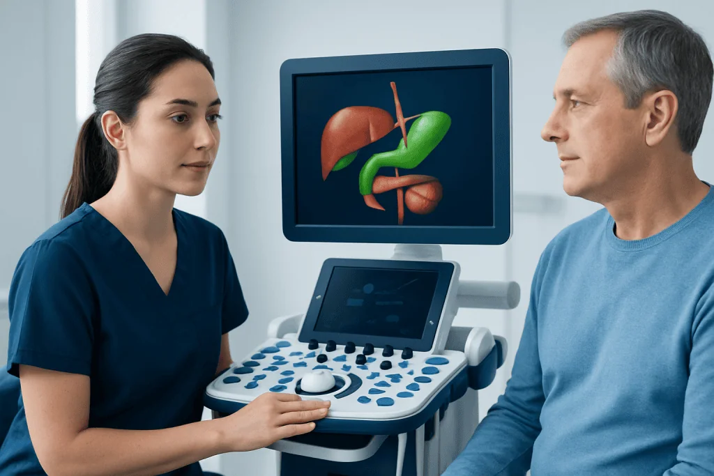 Doctor explaining gallbladder anatomy to patient using ultrasound image.
