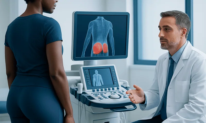 Doctor explaining prostate ultrasound to patient in medical office.