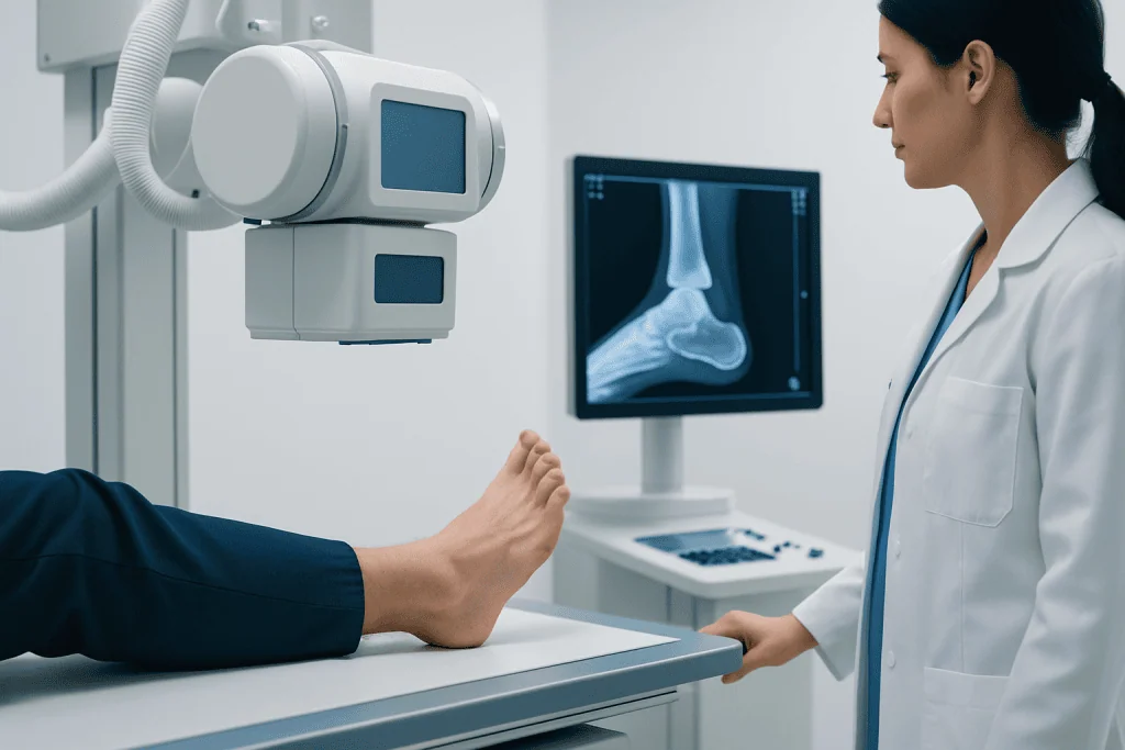 Medical professional examining foot X-ray in a clinical setting.