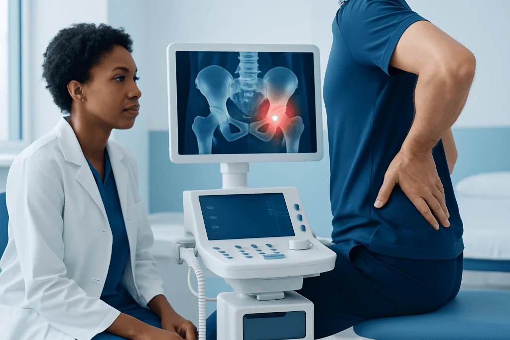 Medical consultation for hip pain with X-ray image on monitor.