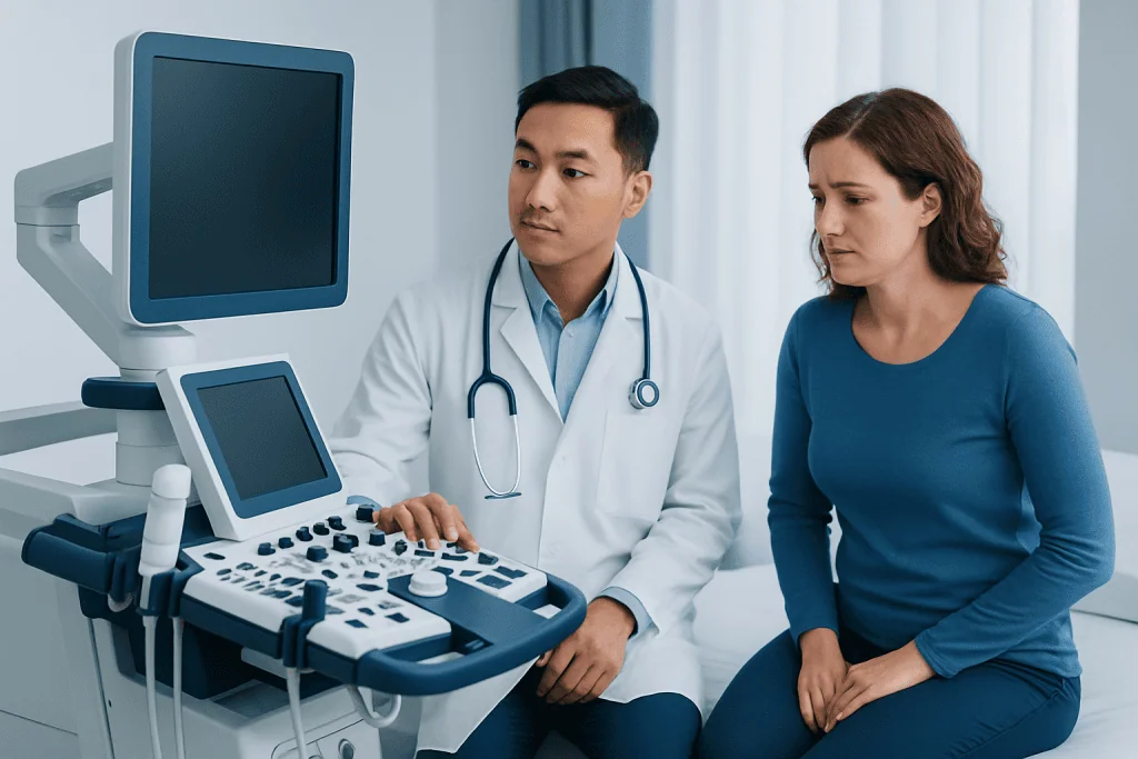 Doctor performing an ultrasound examination on a patient in a clinical setting.
