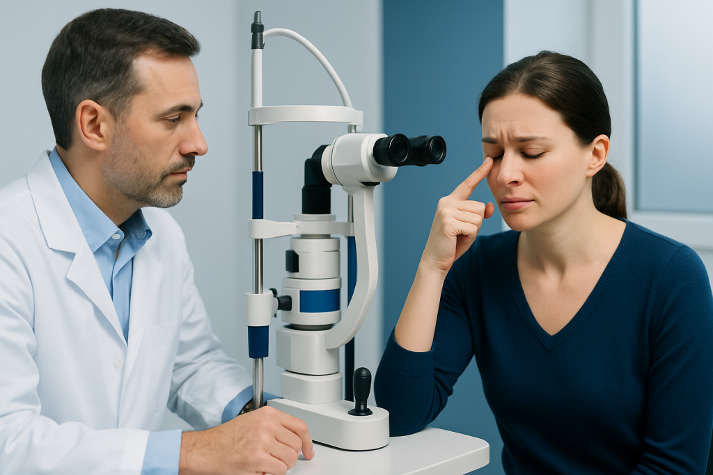 Doctor examining patient's eye with slit lamp in clinic setting.