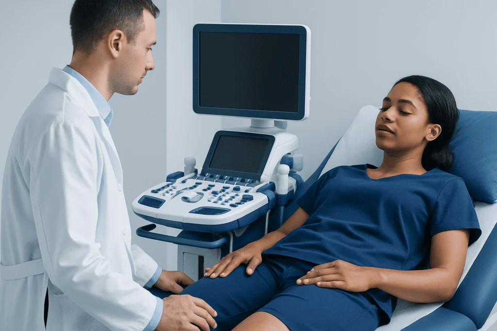 Doctor performing an ultrasound exam on a female patient in a hospital room.