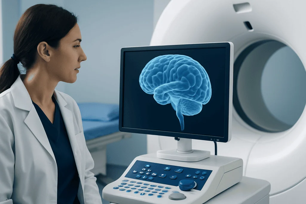 Medical professional analyzing brain scan on MRI machine at Acibadem Hospital.