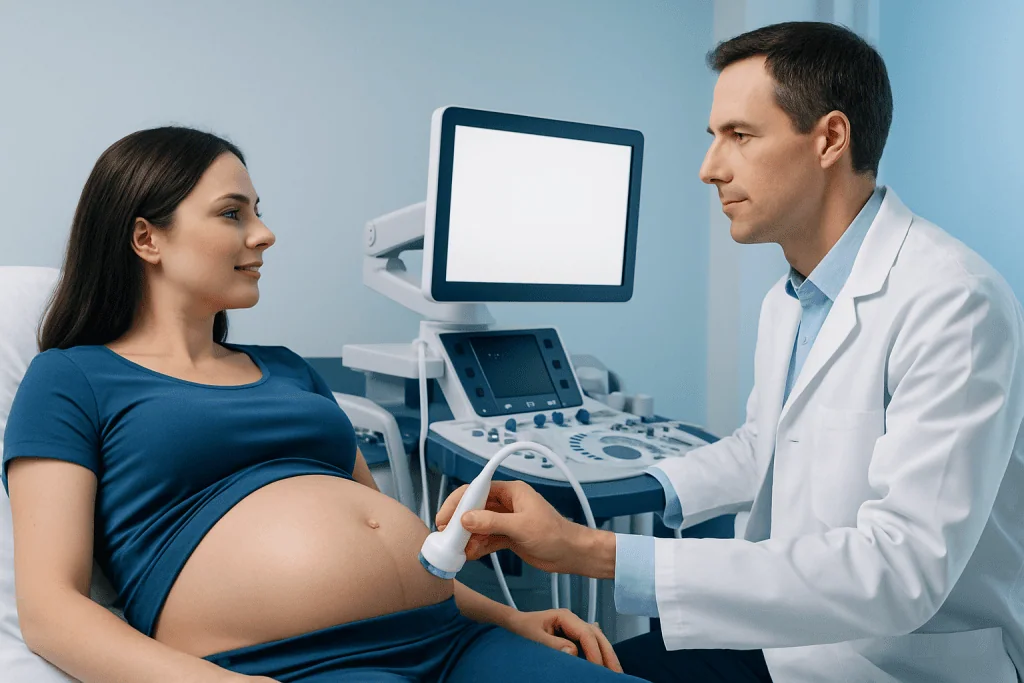 Obstetrician performs ultrasound on pregnant woman in hospital.