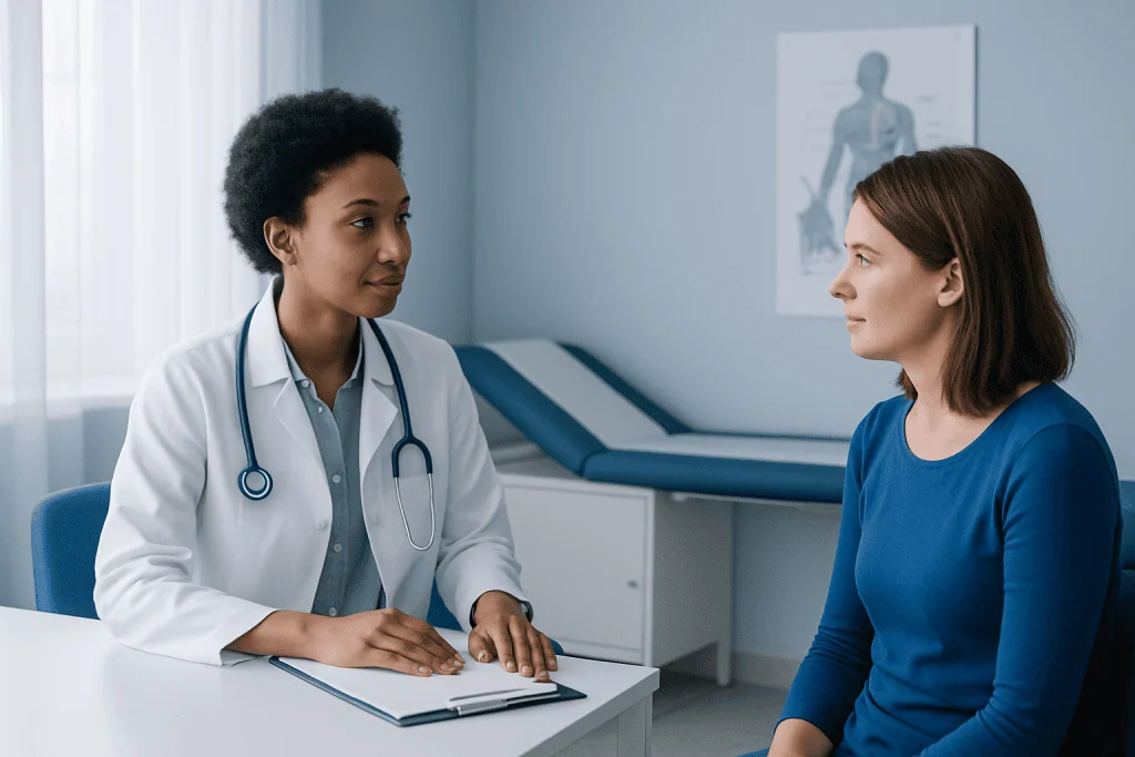 Doctor consulting patient in a medical examination room at Acibadem Hospitals.