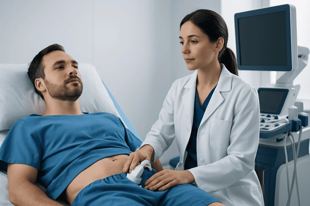 Doctor examining male patient in hospital room with medical equipment.
