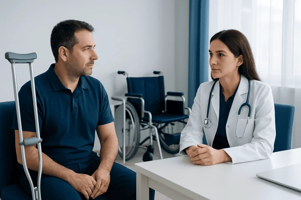 Patient consulting with doctor in hospital setting, discussing mobility aids.