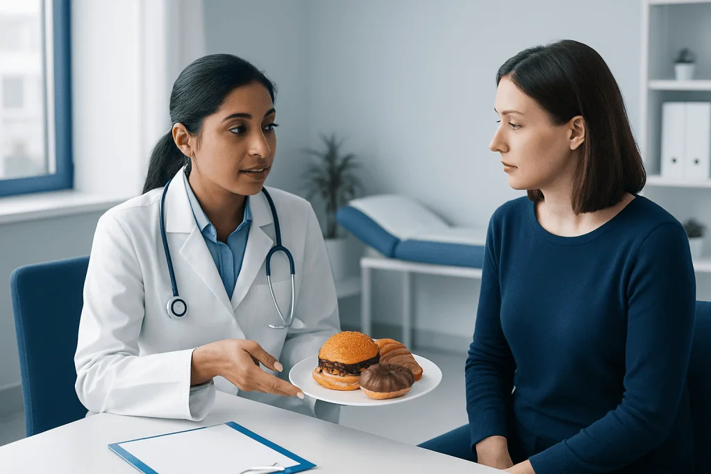 Doctor discussing healthy eating with patient in clinic setting.