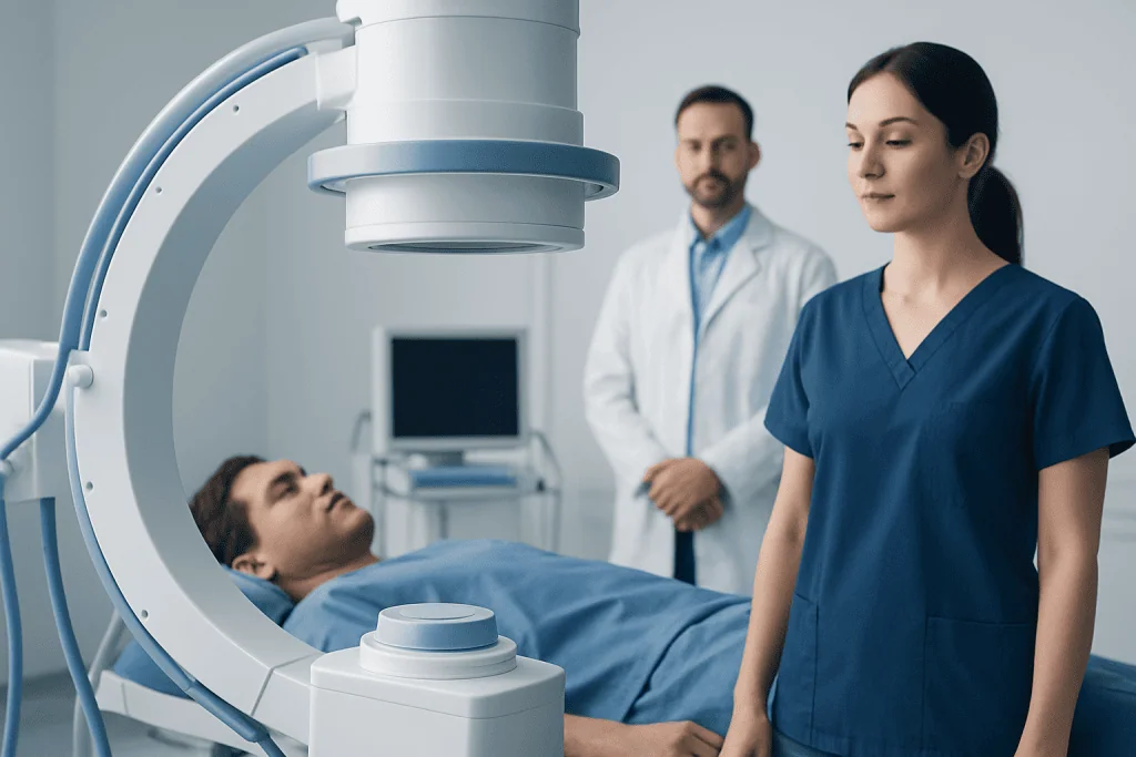 Medical professionals prepare for a diagnostic imaging procedure in a hospital.