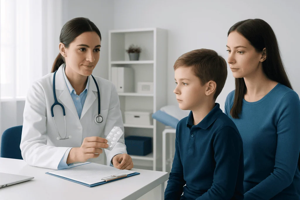 Doctor consulting with a young boy and his mother in a medical office.