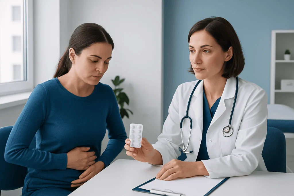 Doctor explaining medication to patient in clinic setting.