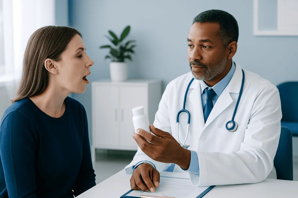 Doctor explaining medication to a patient in a clinical setting.