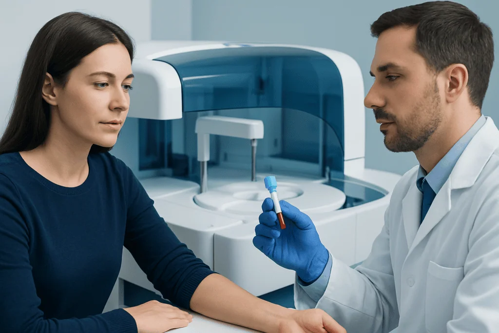 Doctor explains blood test results to a patient in a medical lab.