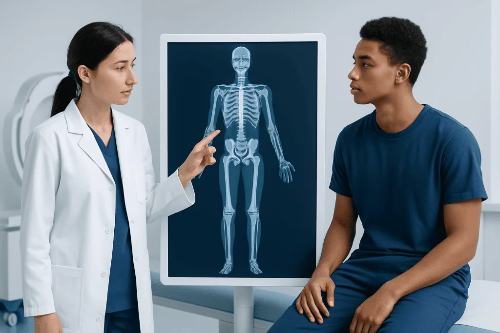 Doctor explaining long bones to patient with skeletal X-ray display.