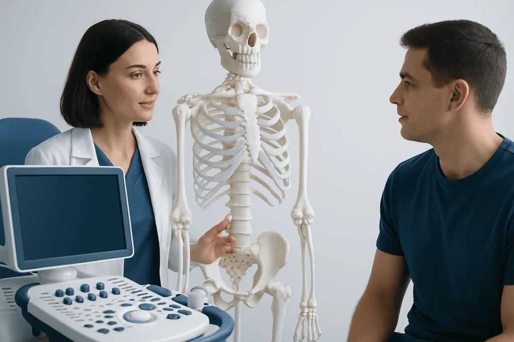 Doctor explaining spinal anatomy to patient with skeleton model in clinic.