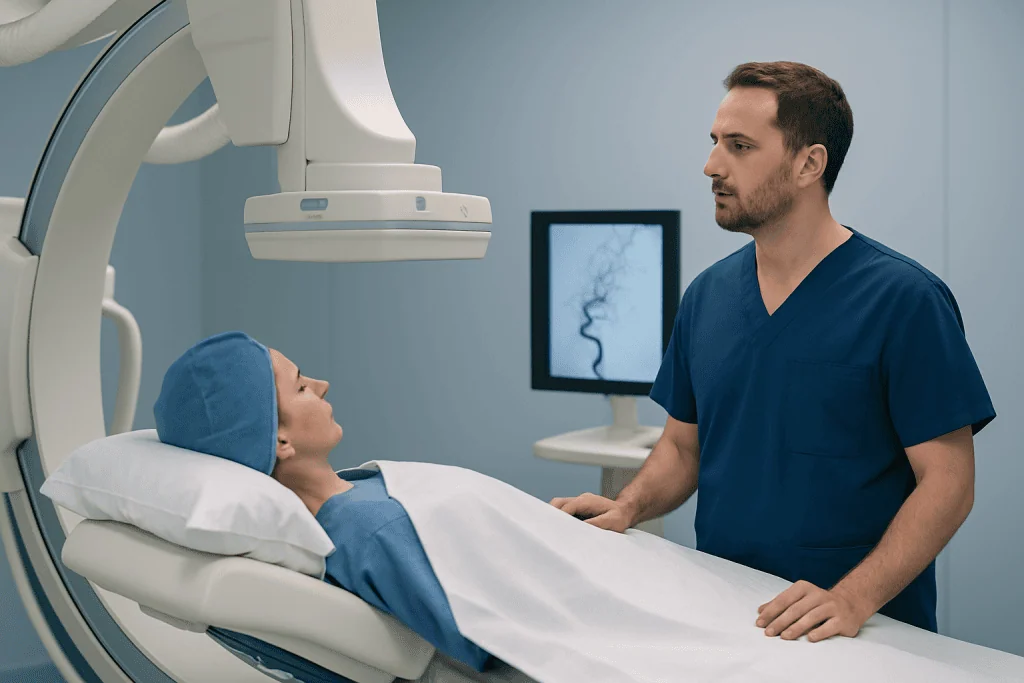 Interventional neuroradiologist consulting patient in hospital room.