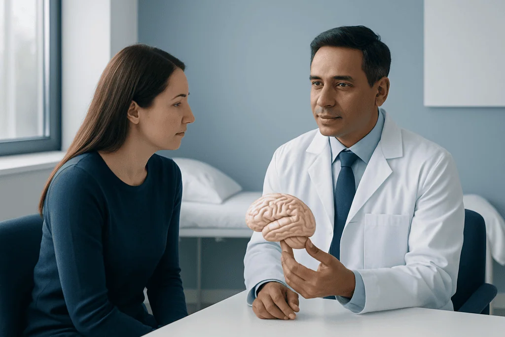 Doctor explaining brain functions to a patient in a medical consultation.