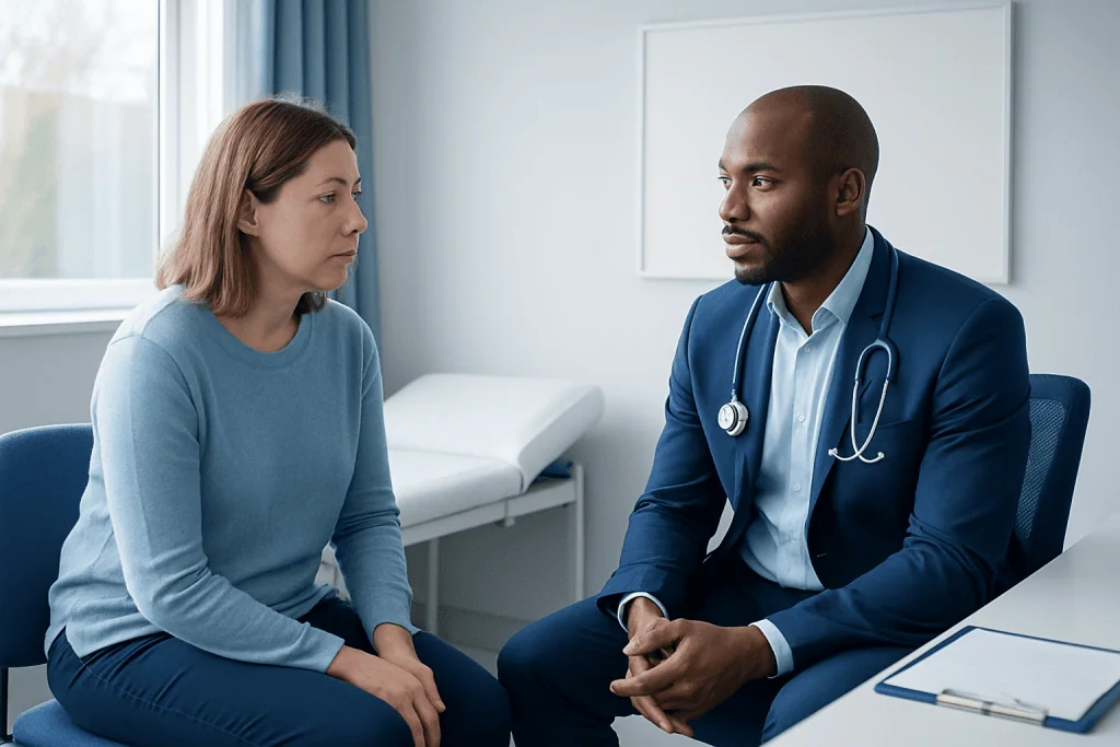 Doctor consulting with a female patient in a medical office.