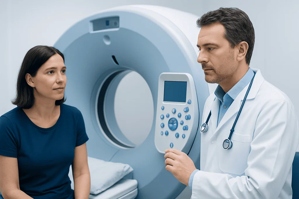 Doctor explaining MRI scan to female patient in hospital.