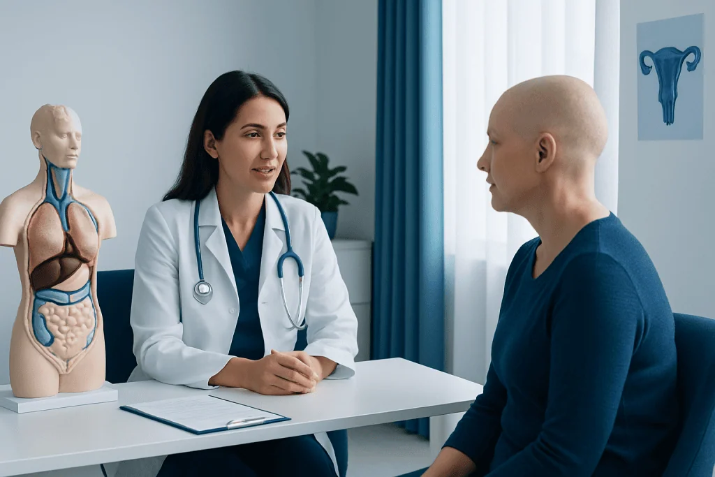 Doctor consulting with patient in a medical office with anatomical models.