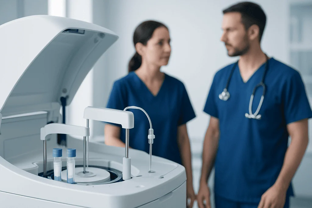 Medical professionals discussing a laboratory test machine in a clinical setting.