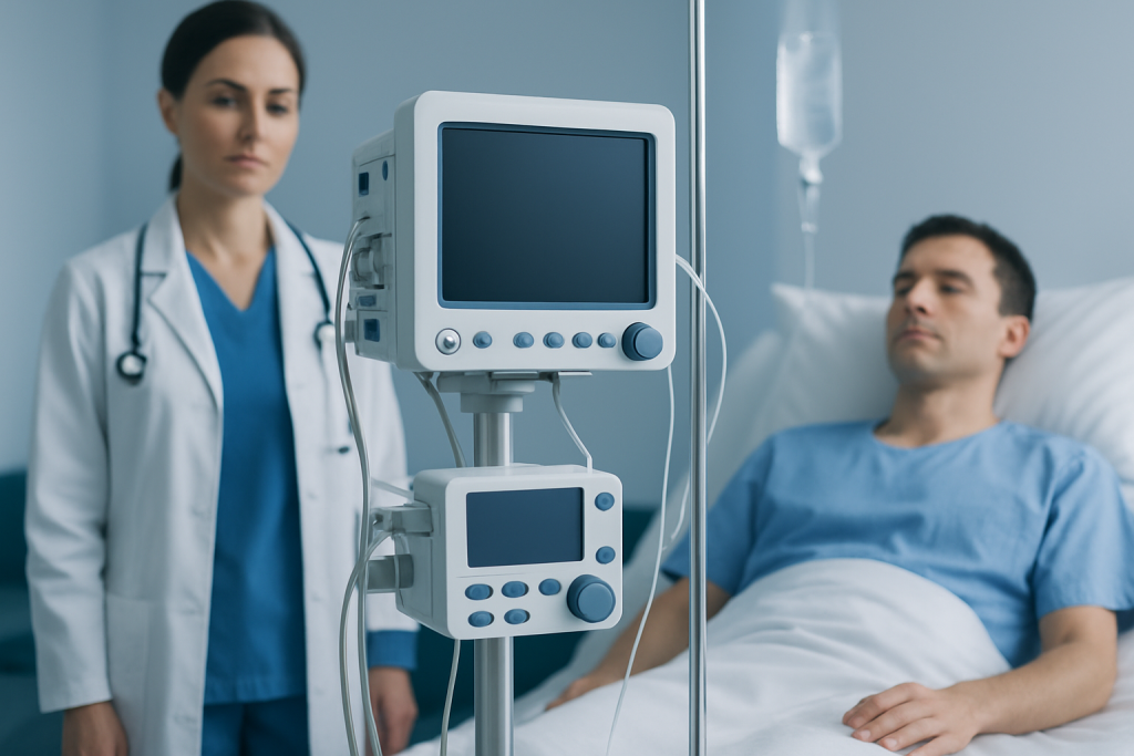 Hospital room with a patient and medical monitor, healthcare professionals present.