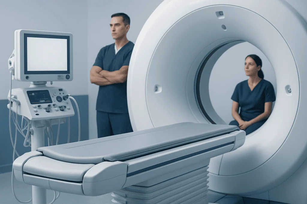 Medical professionals preparing for a CT scan in a hospital setting.