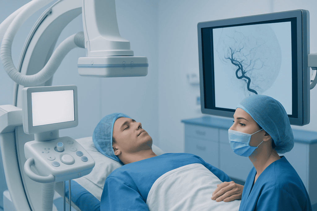Patient undergoing neurointervention procedure in a modern hospital.