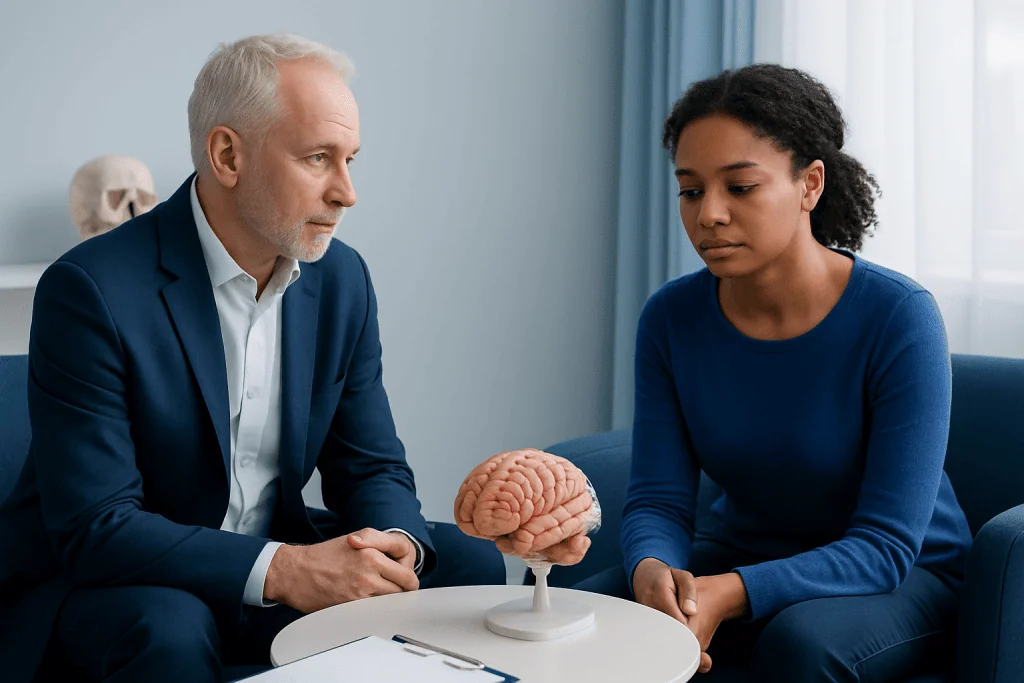 Psychologist and patient discussing brain health in a therapy session.