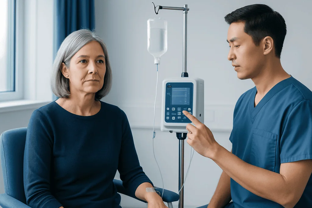 Doctor discussing treatment with a patient in a hospital room.