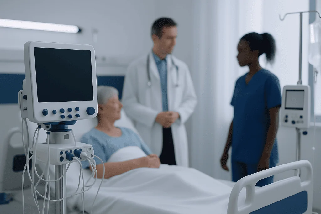 Hospital room with patient, doctor, and nurse discussing care.