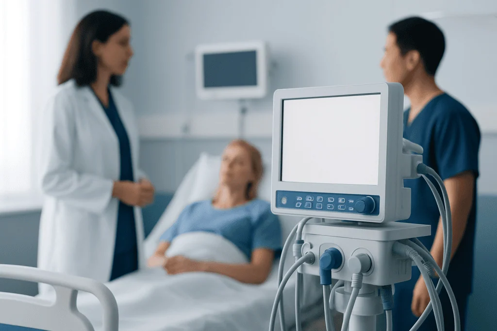 Medical professionals consulting with a patient in a hospital room.