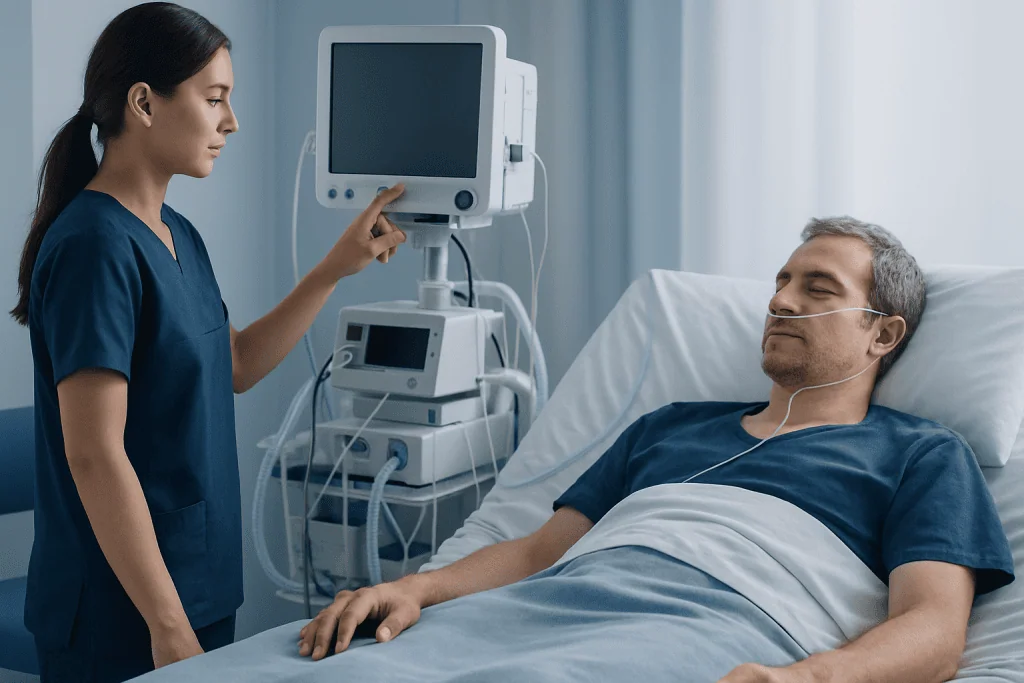 Hospital nurse monitoring patient with medical equipment in a hospital room.
