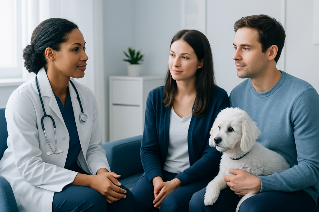 Veterinarian consulting with a couple and their hypoallergenic dog in a clinic.