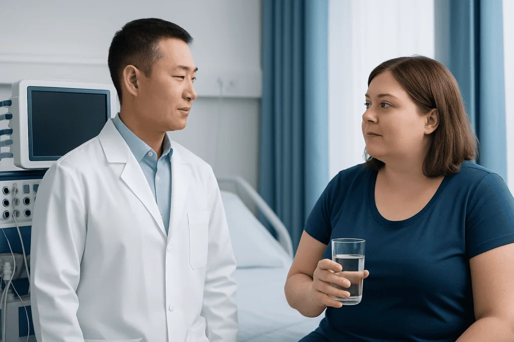Doctor consulting with a patient in a hospital room.