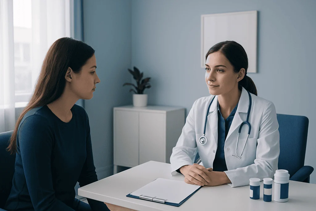Doctor consulting with a patient in a modern medical office.