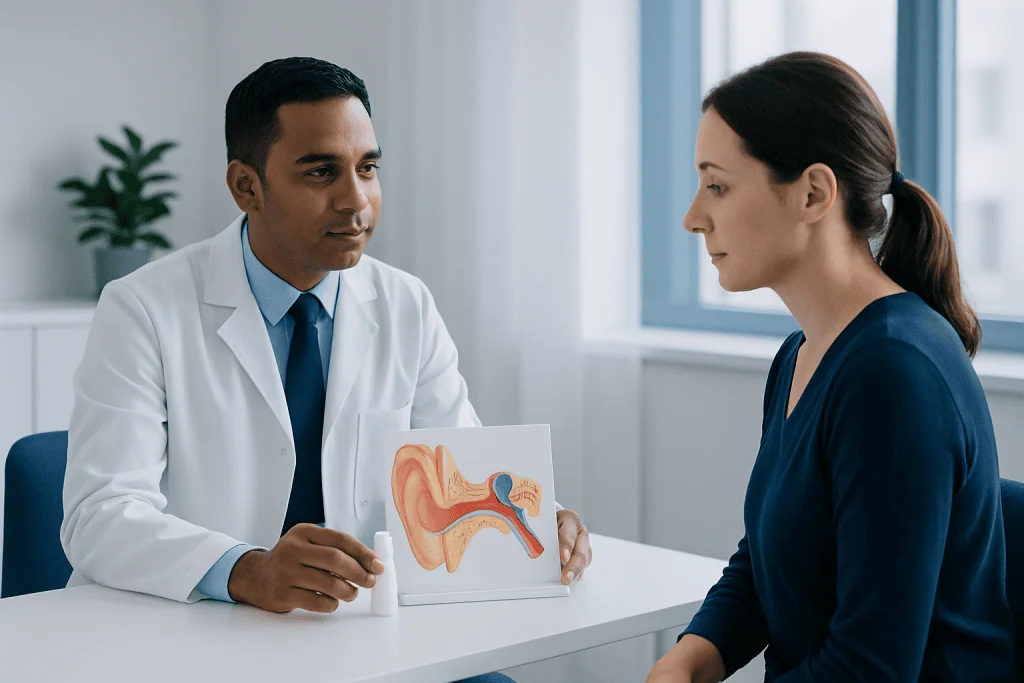 Doctor explains ear anatomy to patient using a model at Acibadem Hospital.