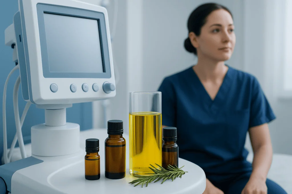 Medical professional with essential oils and herbal remedies in a clinical setting.