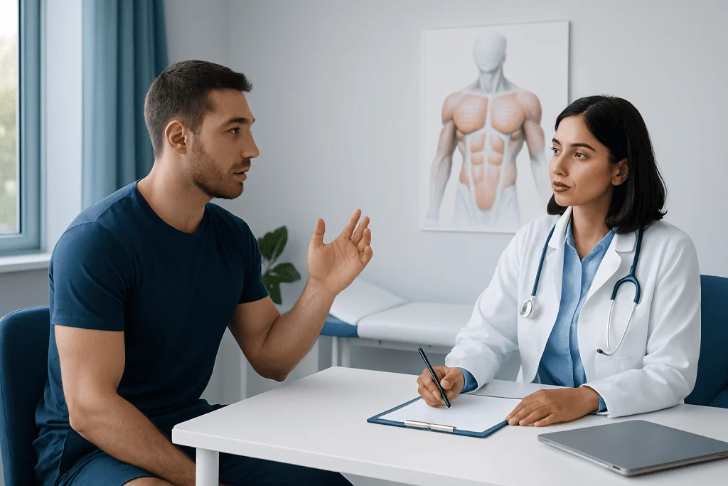 Doctor consulting with patient in a medical office setting.