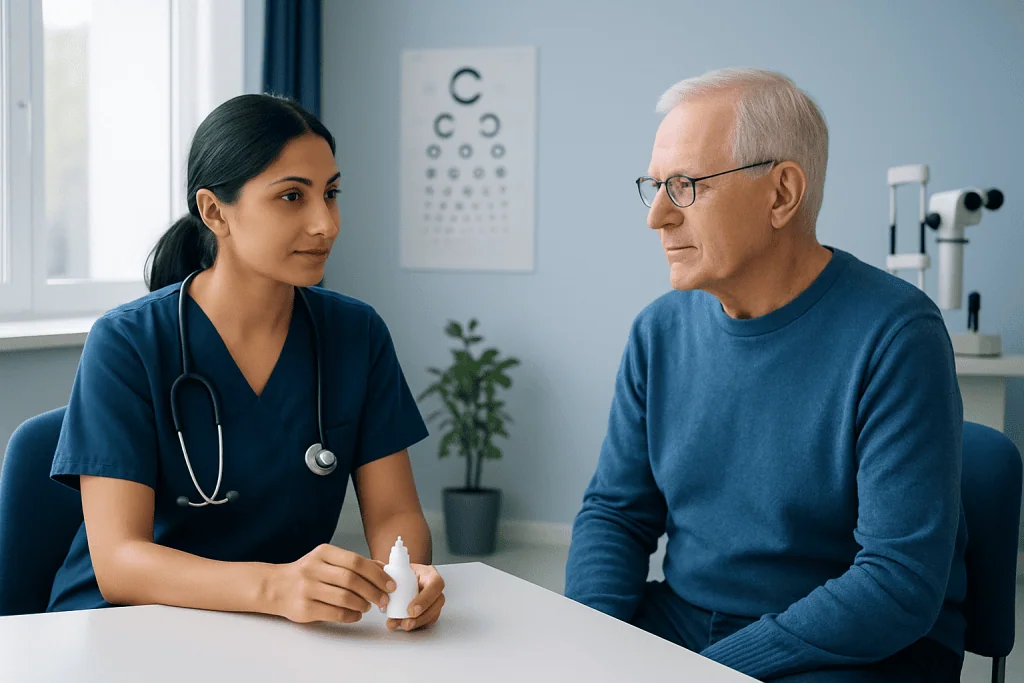 Optometrist consulting with elderly patient about eye drops for cataract surgery.